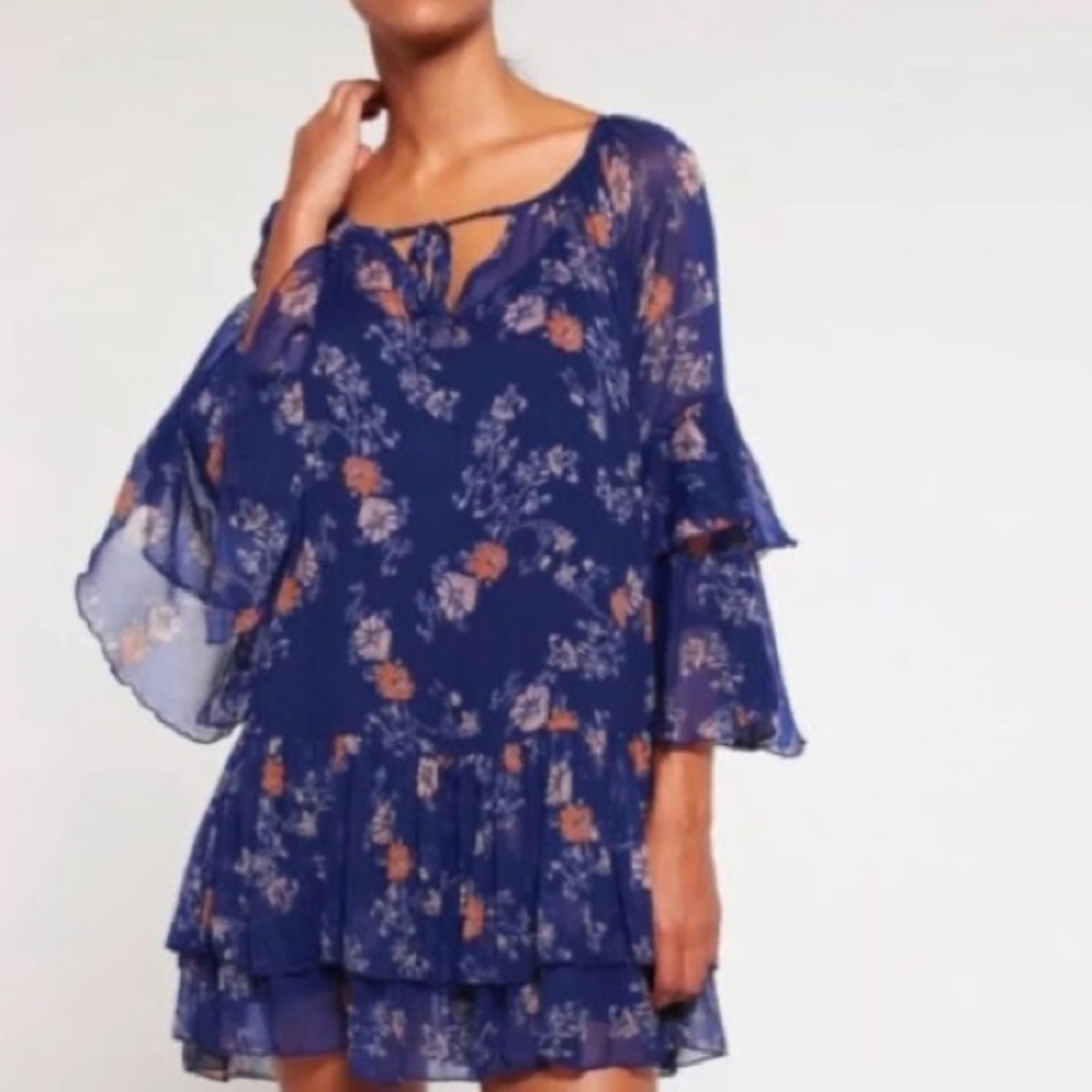 Free People Sunsetter Printed Peasant Blue Floral Combo Dress